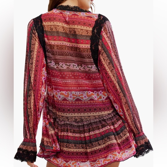 Free People NWT Natalie Boho Print Lace Long Sleeve Vneck Slip/Tunic Top XS - Picture 5 of 15